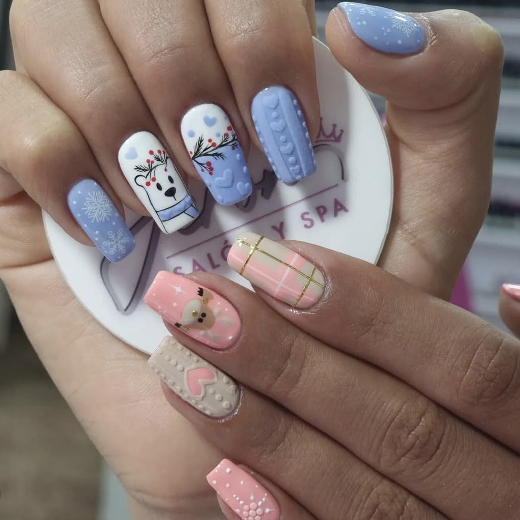 Cozy Winter Medium Coffin Blue and Pink Press On Nail Set with Snowflake and Bear Accents