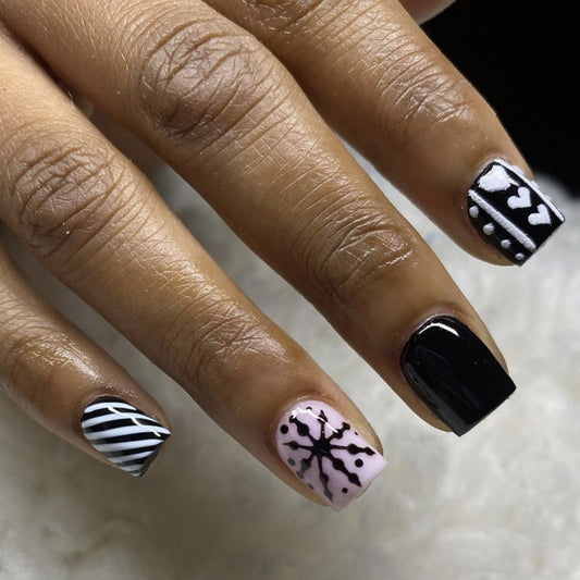 Mystic Winter Short Square Black and White Press On Nail Set with Snowflake and Zebra Patterns