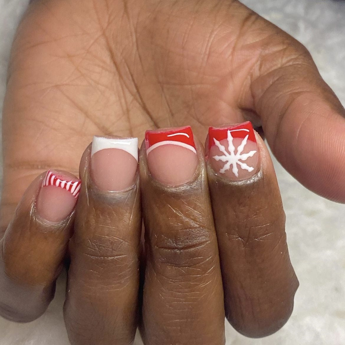 Festive Frost Short Square White and Red Press On Nail Set with Candy Cane Stripes and Snowflake Design