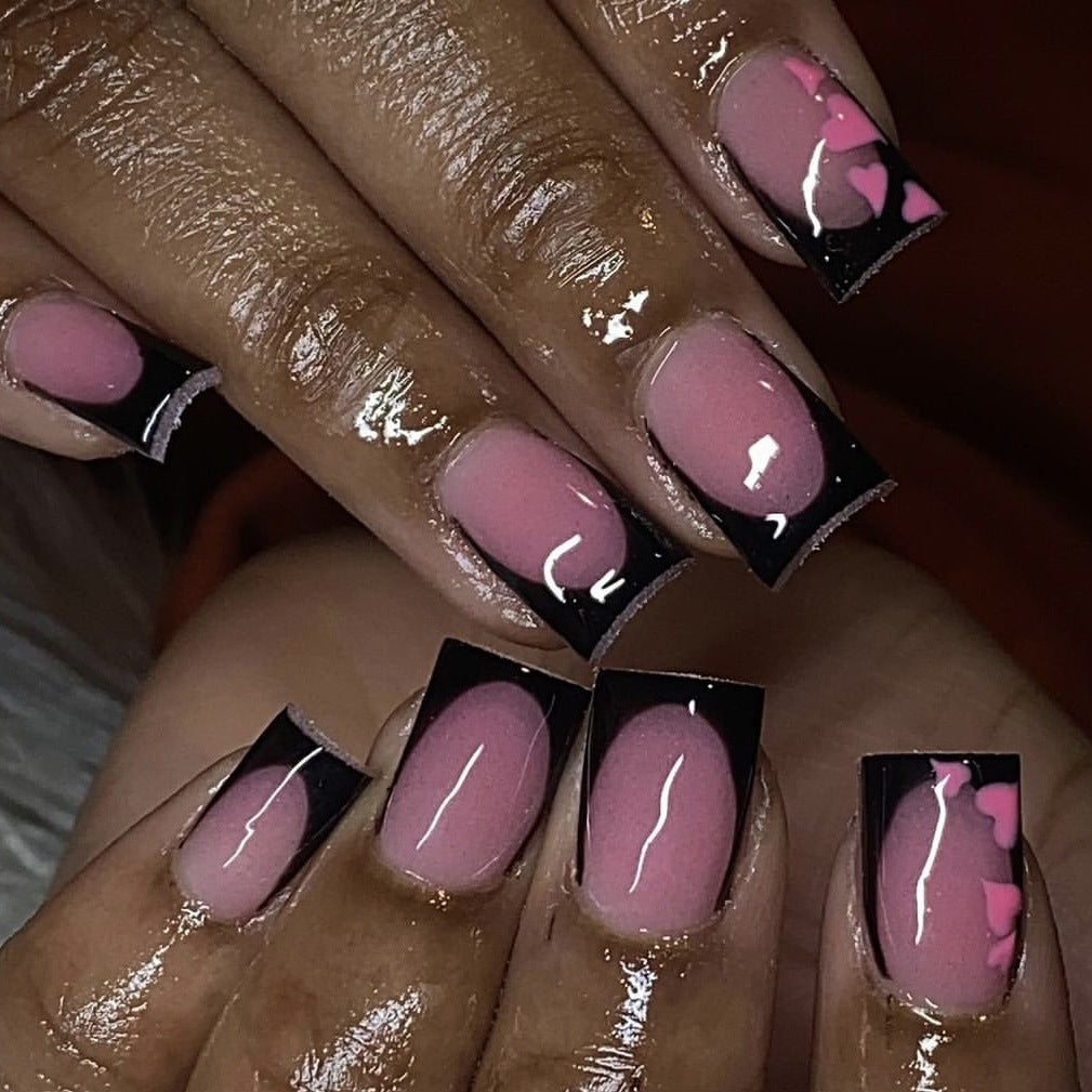 Midnight Romance Extra Long Duck Black and Pink Press On Nail Set with Heart Accents