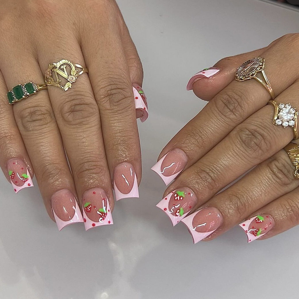 Strawberry Delight Medium Square Pink Press On Nail Set with Hand-Painted Accents