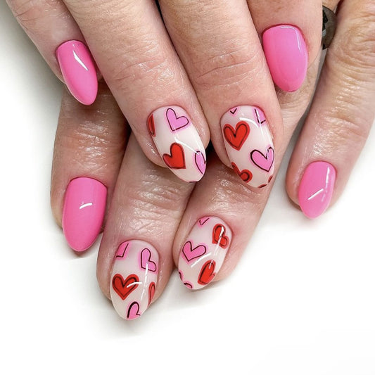 Valentine's Romance Short Almondl Pink Press On Nail Set with Heart Designs