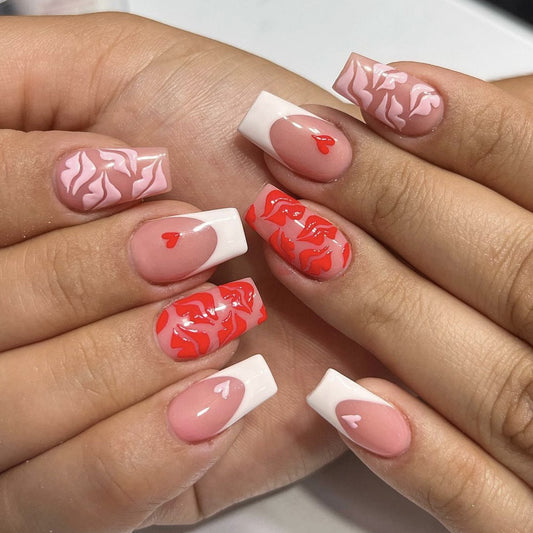 Valentine's Romance Medium Coffin Pink and Red Flame Press On Nails with Glossy Finish