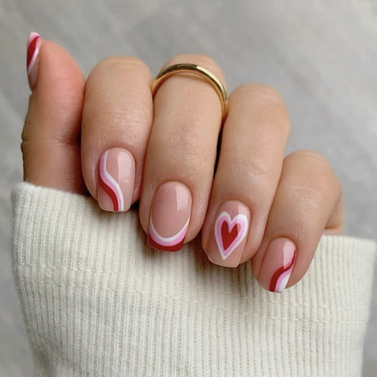 Sweetheart Swirl Short Square Beige Press On Nail Set with Red Wave and Heart Accents