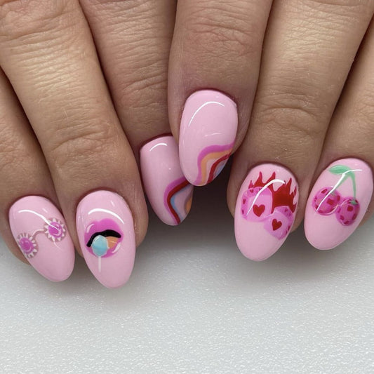 Pop Art Romance Long Almond Pink Press On Nail Set with Abstract Faces and Cherry Design