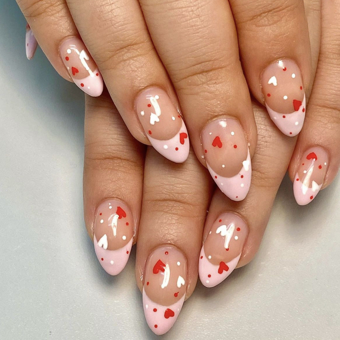 Valentine's Day Romance Medium Almond Pink Press On Nail Set with Red Hearts and White Accents