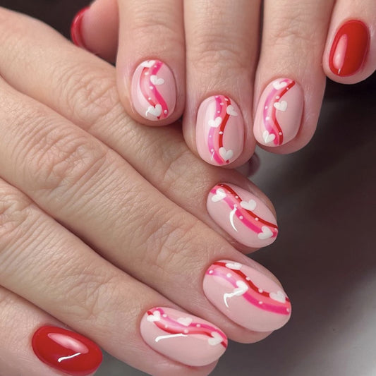 Valentines Charm Medium Oval Red and Pink Marbled Press On Nail Set with Heart Accents