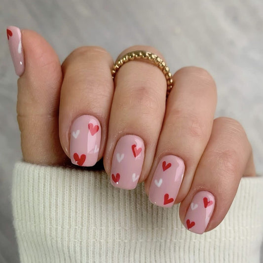 Valentine's Day Romance Medium Length Square Pink Press On Nail Set with Red and White Heart Accents