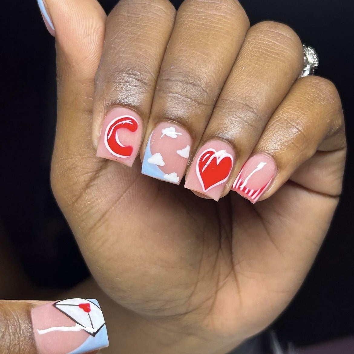 Valentine's Love Letter Short Square Pink Press On Nail Set with Romantic Heart and Envelope Art Design