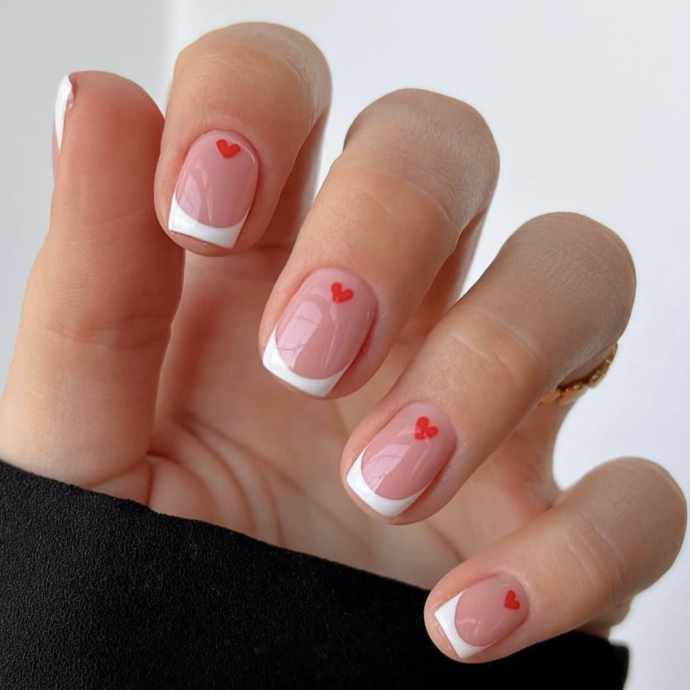 Loving Charm Short Length Square Peach Press On Nails with White Tips and Heart Accents