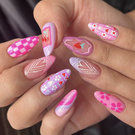 Sweetheart Candy Themed Medium Almond Pink Press On Nail Set with Glossy Finish and Adorable Heart Designs