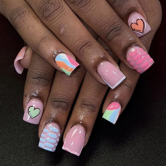 Candy Dreamland Short Length Square Pastel Press On Nails with Playful Heart and Abstract Designs