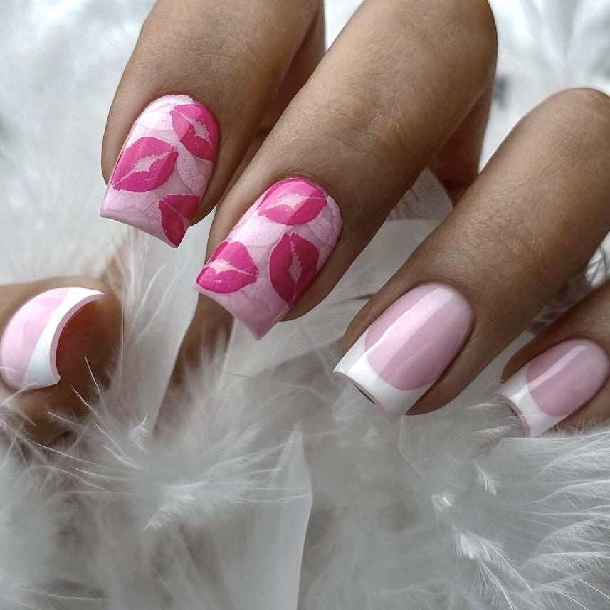 Valentine's Elegance Short Square Pink Kisses Press On Nail Set with French Tips