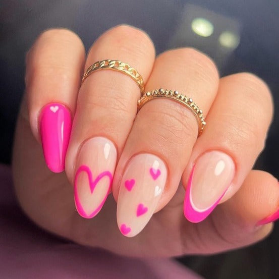 Sweetheart Glow Medium Almond Beige Press On Nails with Neon Pink Tips and Heart Accents