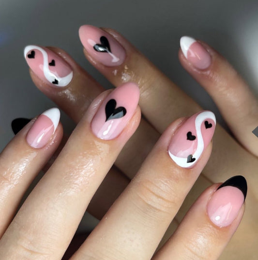 Romantic Affair Long Almond Pink and White French Tip Press On Nails with Black Heart Accents