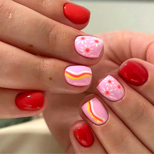 Spring Blossom Collection Medium Length Square Press On Nails in Red and Pink with Floral Accents