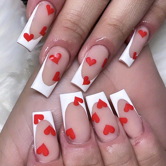 Romantic Affair Long Square White Press On Nail Set with Red Hearts Design