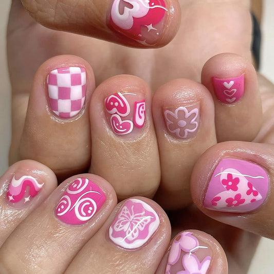 Spring Blossom Short Squoval Pink Press On Nail Set with Checkered and Floral Accents