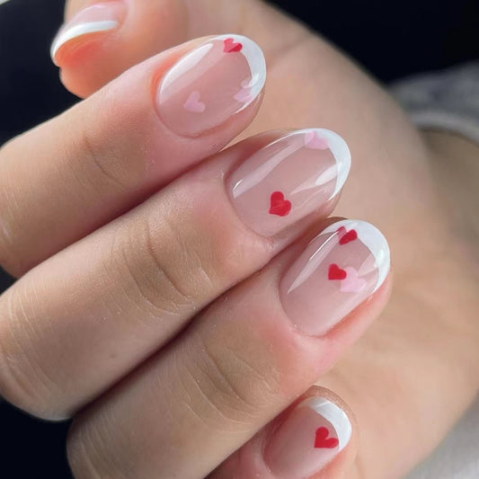 Romantic Charm Short Oval Beige Press On Nails with Red Heart Accents