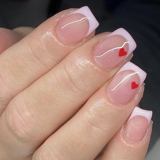 Valentine's Romance Short Square Pink Press On Nails with Red Heart Accents