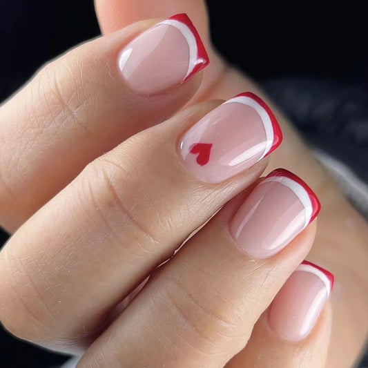 Vintage Romance Short Square Pink Press on Nails with Red Accents and Heart Detail