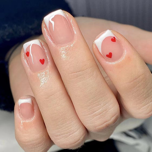 Romantic Affair Short-Length Square Pink and White Press On Nail Set with Red Heart Accents