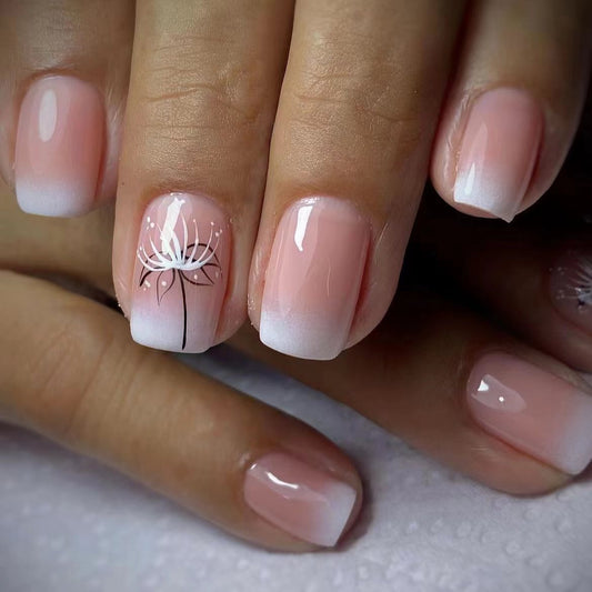 Elegant Lotus Blossom Short Square Pink Ombre Press On Nail Set with White Floral Accent