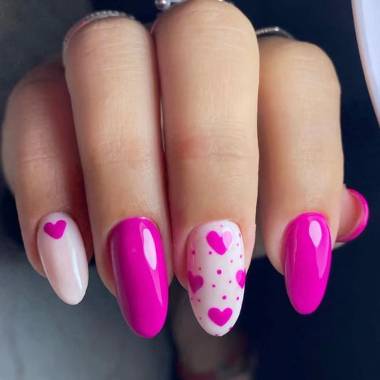 Valentine's Romance Medium Almond Pink and White Press On Nails with Heart Accents