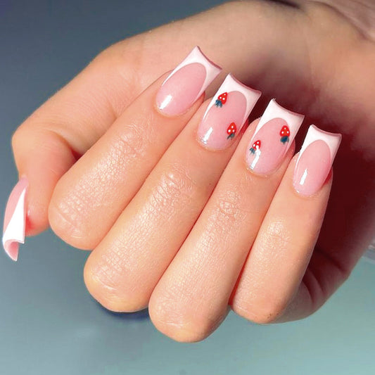 Enchanted Garden Medium Square Baby Pink Press On Nails with Delicate Ladybug Accents