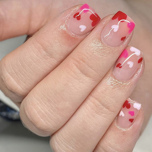 Valentine's Romance Short Square Pink and Red Ombre Press On Nail Set with Heart Accents