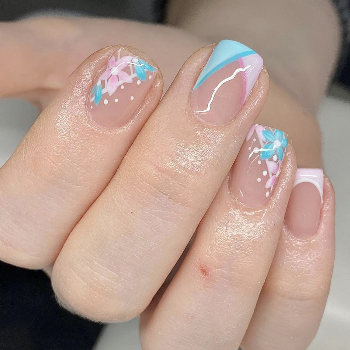 Spring Blossom Short Square  Pastel Pink and Turquoise Press on Nail Set with Floral Accents