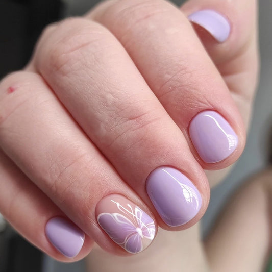 Springtime Elegance Short Squoval Lavender Press On Nail Set with Delicate Butterfly Accents