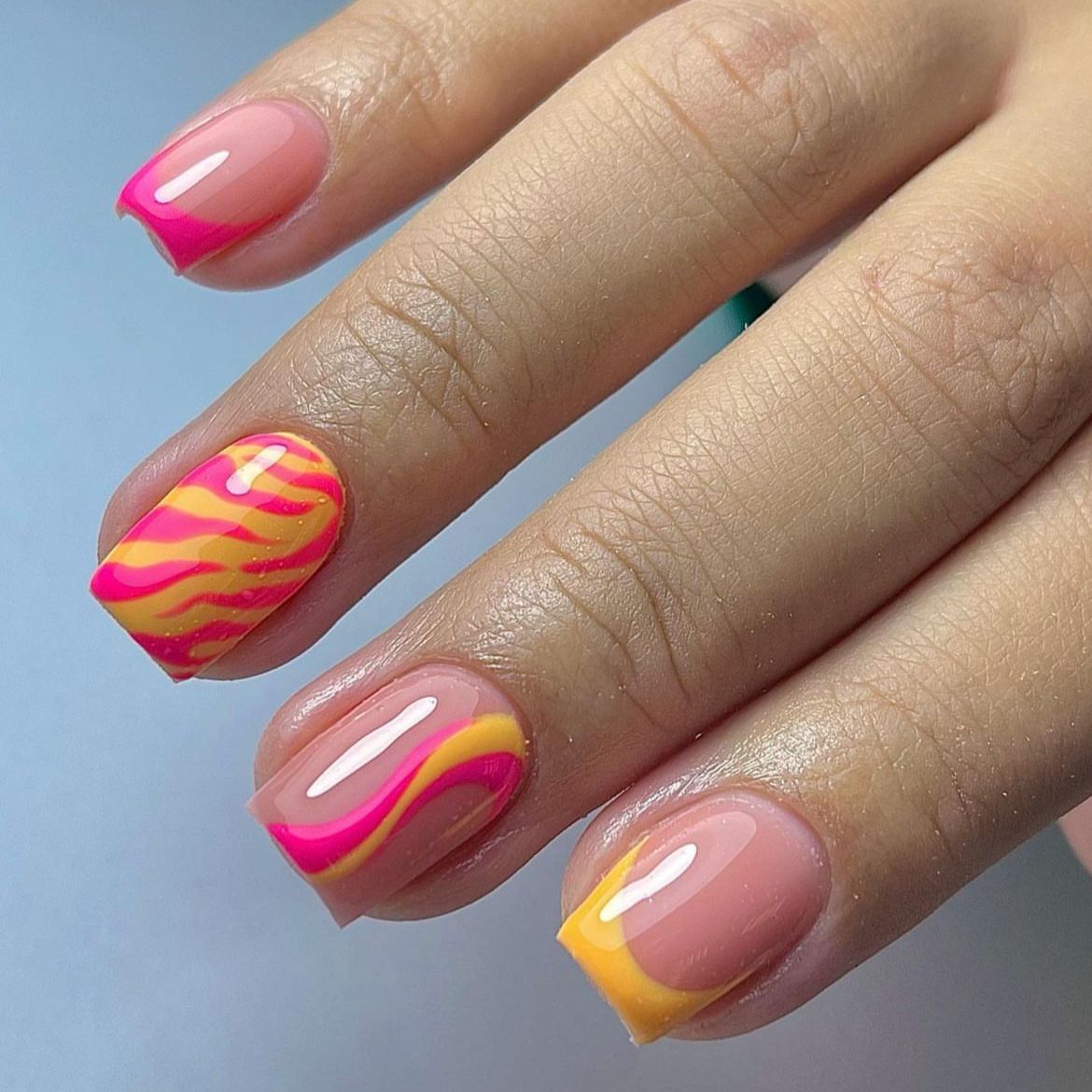 Summer Fiesta Short Square Pink and Yellow Swirl Pattern Press On Nail Set