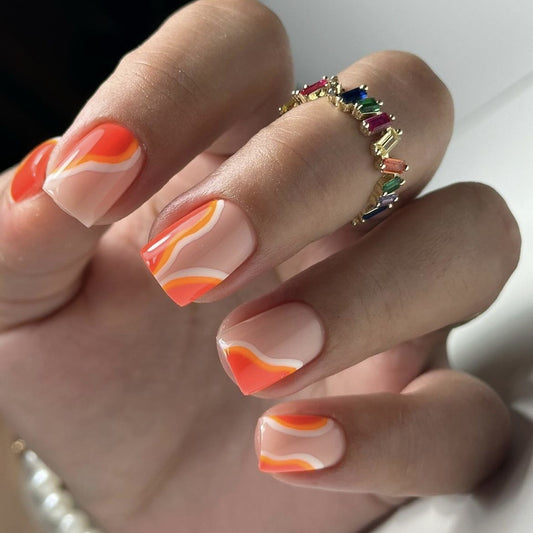 Tropical Sunset Short Length Square Orange Swirl Press On Nail Set for Instant Manicure