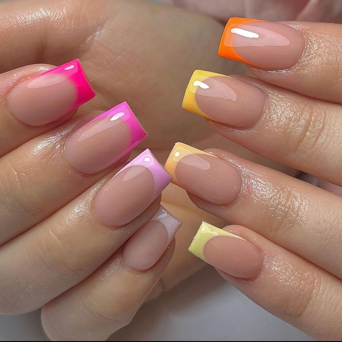 Tropical Sunset Short Square Multicolor Ombre Press On Nail Set with Glossy Finish