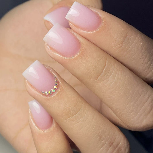 Elegant Romance Short Square Baby Pink Press On Nail Set with Rhinestone Accents