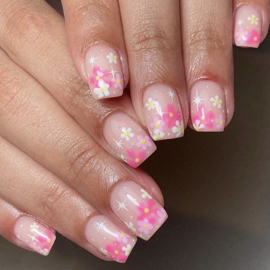 Spring Blossom Short-Length Square Pink Floral Glow-in-the-Dark Press On Nail Set