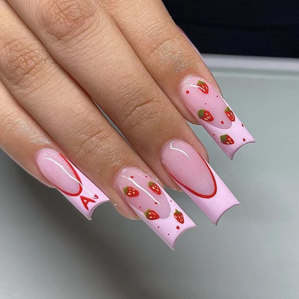 Summer Berries Long Square Pink Press On Nails with Strawberry Accents and Gloss Finish