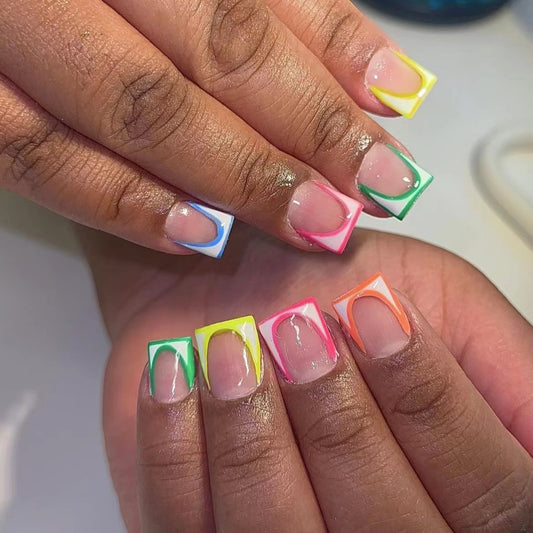 Summer Splash Short Square Neon Border French Tip Press On Nail Set