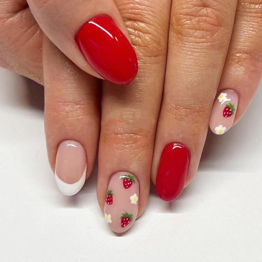 Summer Picnic Medium-Length Almond Press On Nail Set in Classic Red and Beige Colors with Strawberry Accents