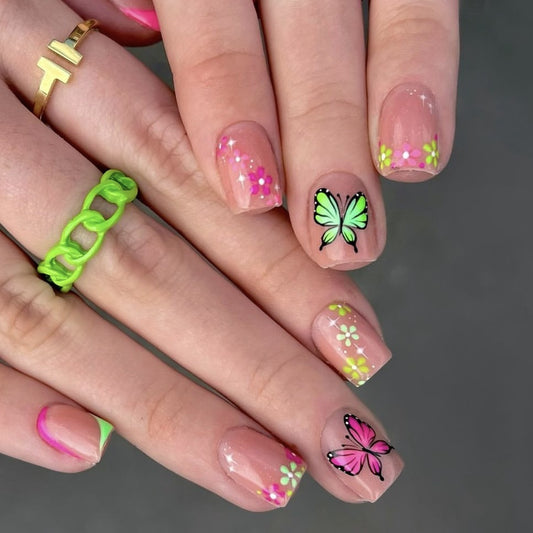 Springtime Blossom Medium-Length Square Pink Press On Nails with Vibrant Butterfly Accents