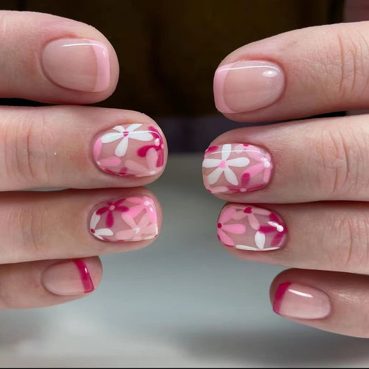 Tropical Bliss Short Squoval Pink Floral Press On Nail Set with Transparent Accent Design