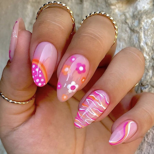 Springtime Blossom Long Almond Pink Press On Nail Set with Floral Art Design