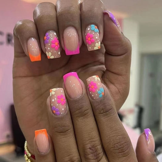 Floral Fantasy Medium-Length Square Press-On Nail Set in Pastel Pink, Orange Gradient, and Purple with 3D Flower Accents