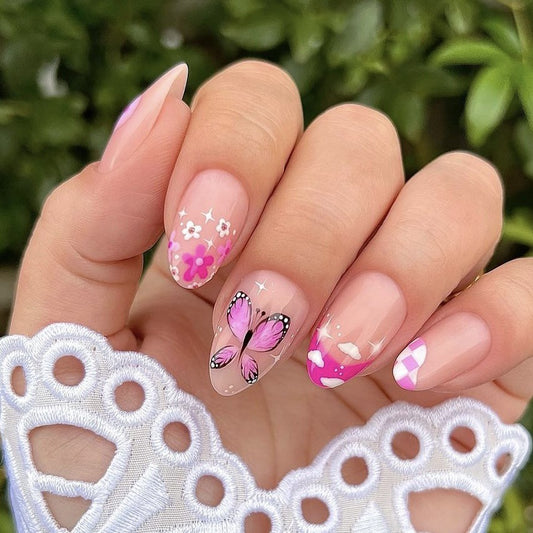 Spring Blossom Short Almond-Shaped Press On Nail Set in Pink with Butterfly Accents