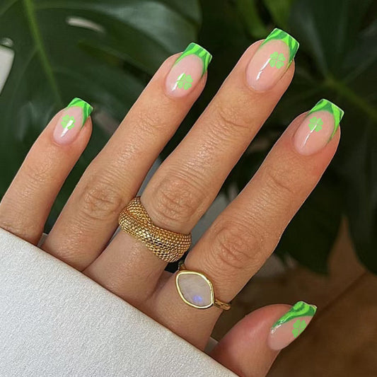 Tropical Oasis Collection Medium Square-Shaped Neon Green French Tip Press on Nail Set with Clover Accents