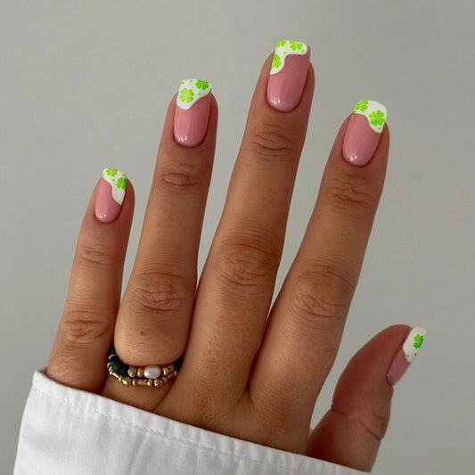 Spring Blossom Short Square Pink Press-On Nails with Green Floral Accents