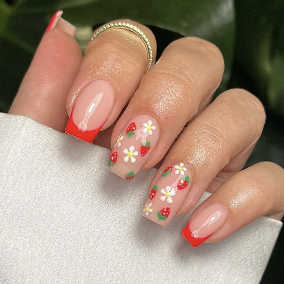 Summer Berry Bliss Short Length Square Beige Press On Nail Set with Red Tips and Strawberry Design