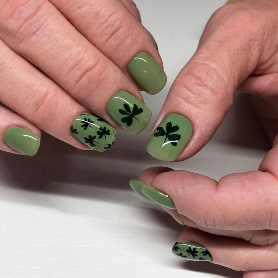 Lucky Charm Medium Squoval Olive Green Press On Nails with Shamrock Accents