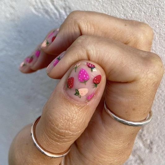 Summer Berry Fiesta Medium Length Squoval Shaped Pink Press On Nails with Strawberry Accents